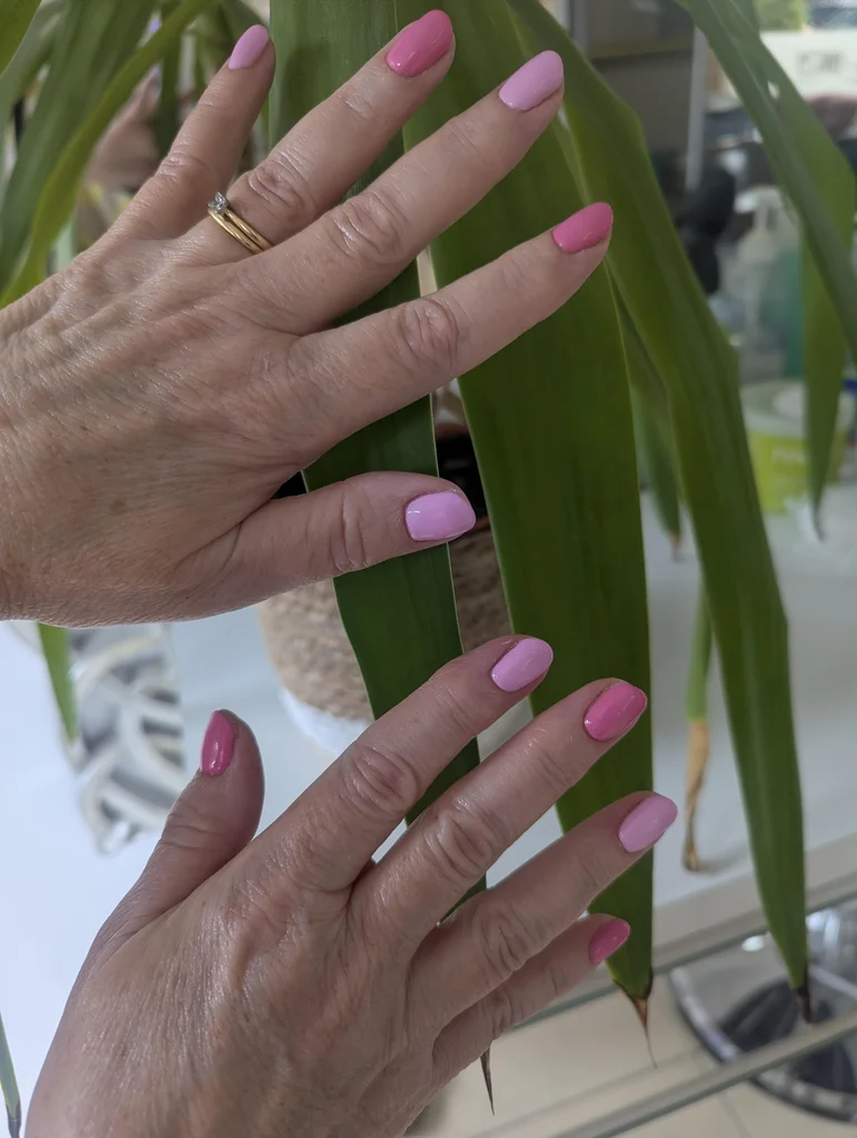 Nude pink builder gel overlays at Trevor Francis Hairdressing